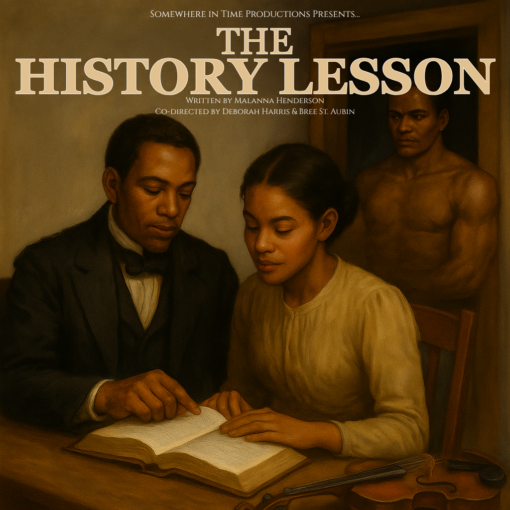 A girl reading a book at a table with her teacher. Show flyer for The History Lesson.