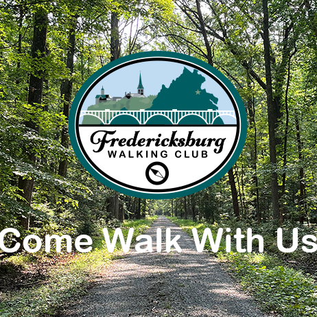 Fredericksburg walking club logo and "Come walk with us" text over a photo of a forest walking trail.