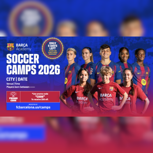 Kids in FC Barcelona jerseys posing for the camera with information about the soccer camps in 2026.