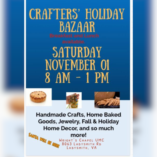 Holiday bazaar flyer with images of baked goods and crafts.