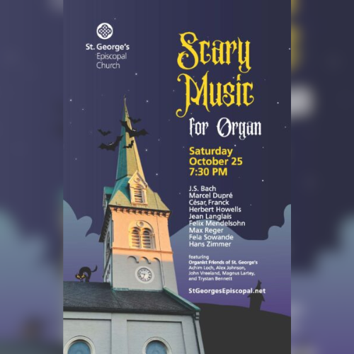 St. George steeple with bats flying around it and a starry night sky.