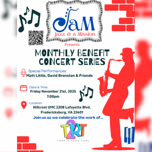 Jazz and a mission flyer with a red graphic of a saxophonist and music notes.