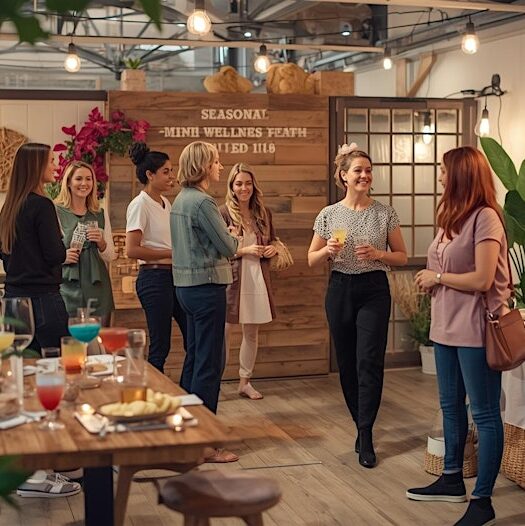 Women smiling while holding drinks and chatting in an open space with tables.