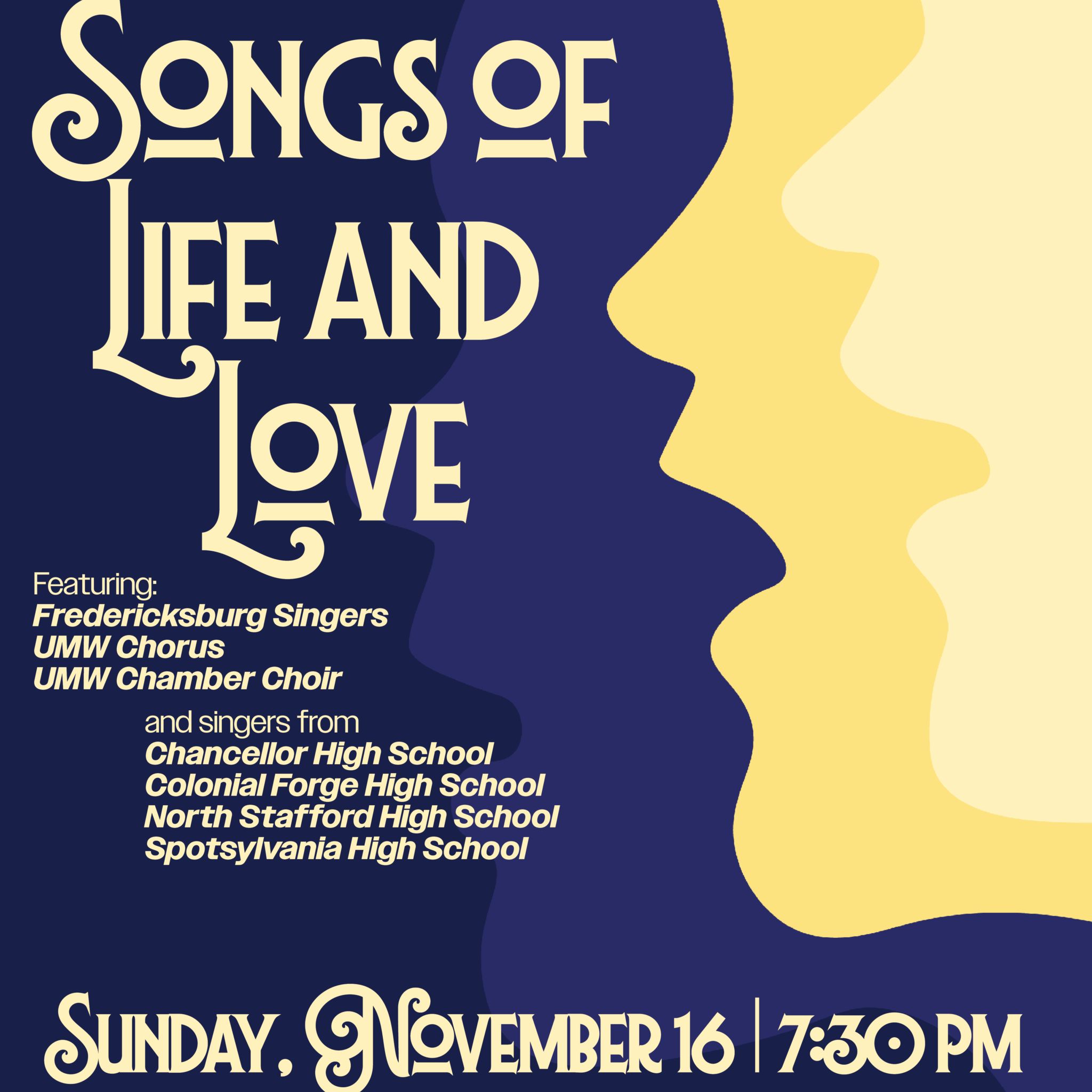 Blue flyer with a yellow silhouette of a face singing.