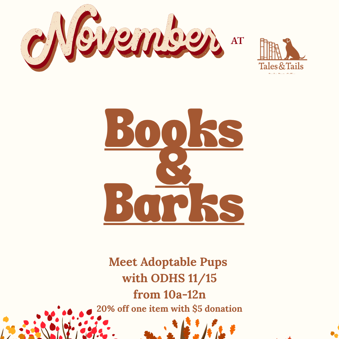 November Books & Barks flyer at Tales and Tails with fall leaves.