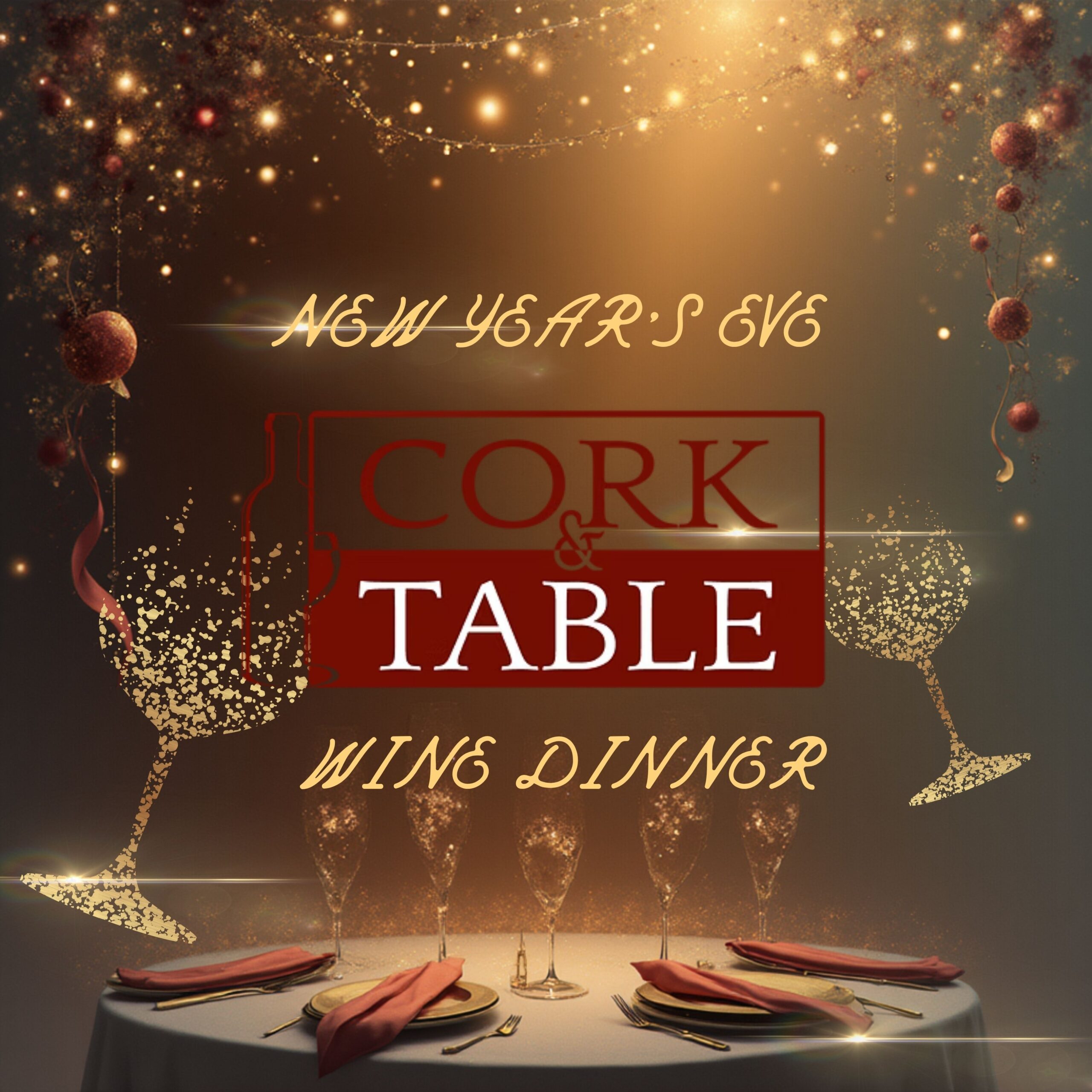NYE themed wine dinner image with cork and table logo.