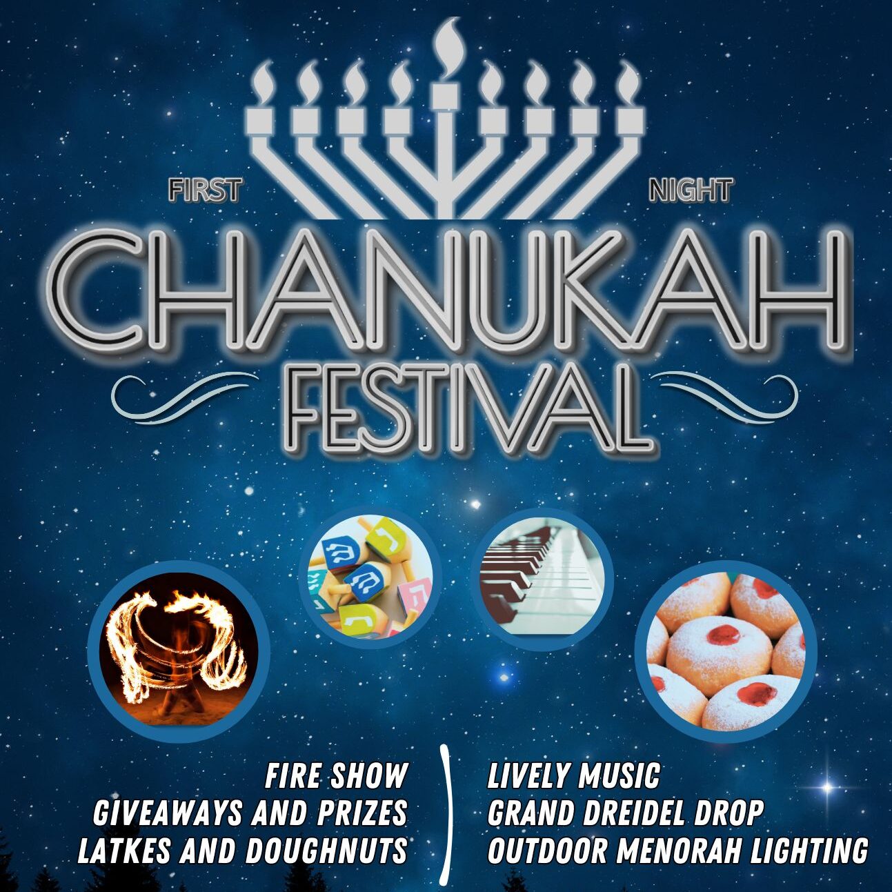 Chanukah festival text with photos of Chanukah activities and food.