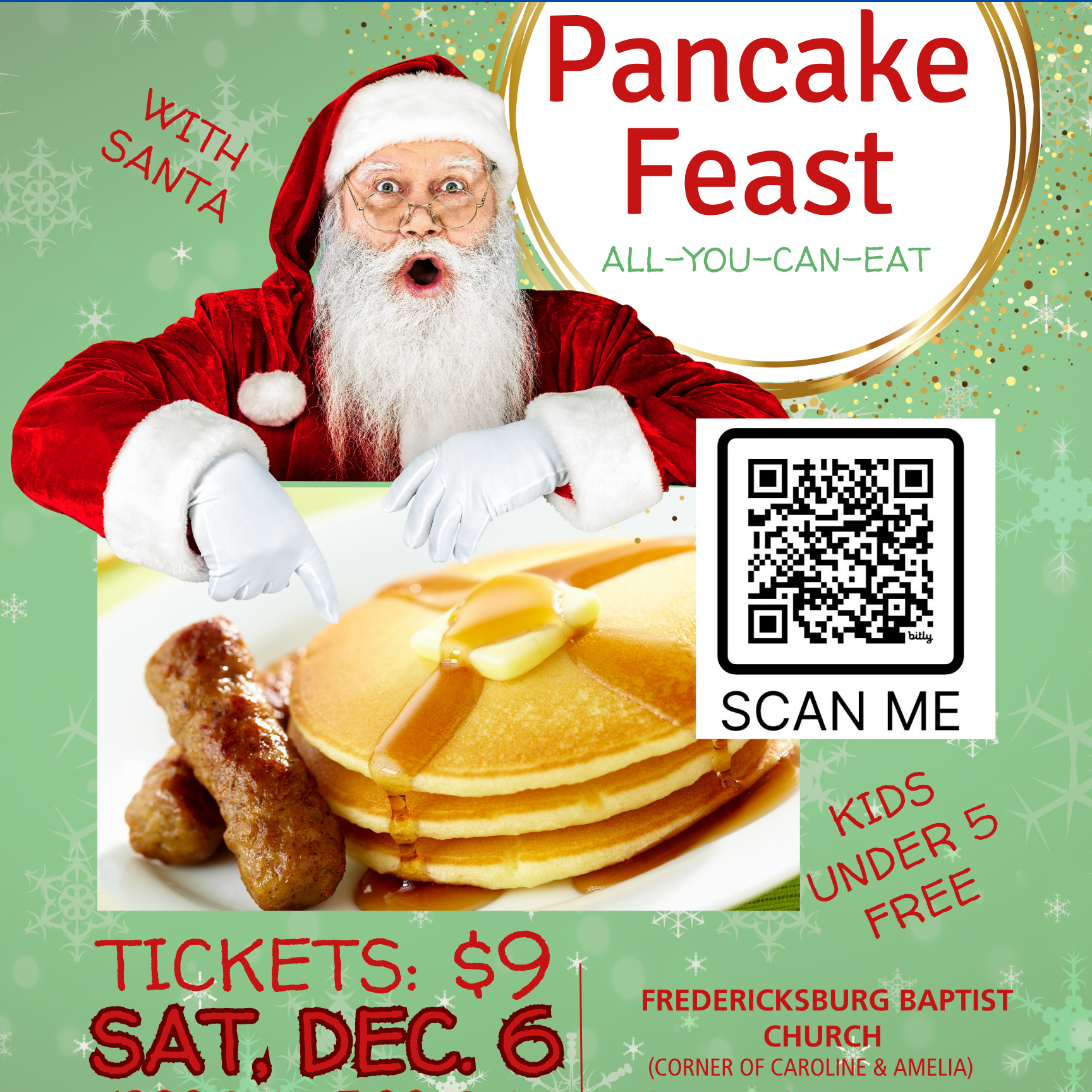 Santa pointing at a stack of pancakes and sausage.