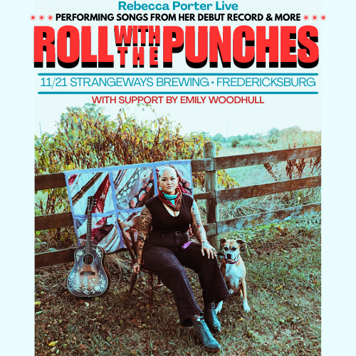 "Roll with the punches" performance poster with an image of a women leaning against a fence with a dog next to her.
