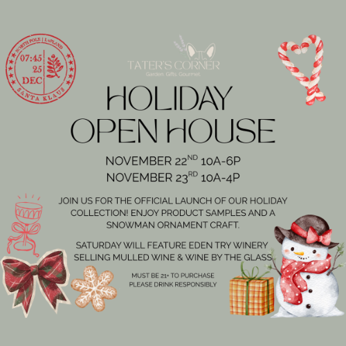 Holiday Open House flyer with graphics of candy canes, a snowman, cookies, and a plaid bow.
