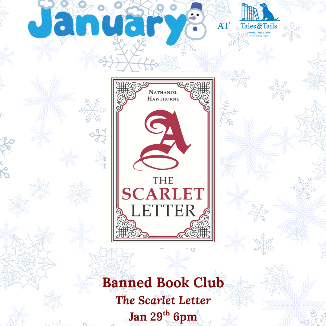 Scarlett Letter book cover on a snowy background with event information surrounding it.