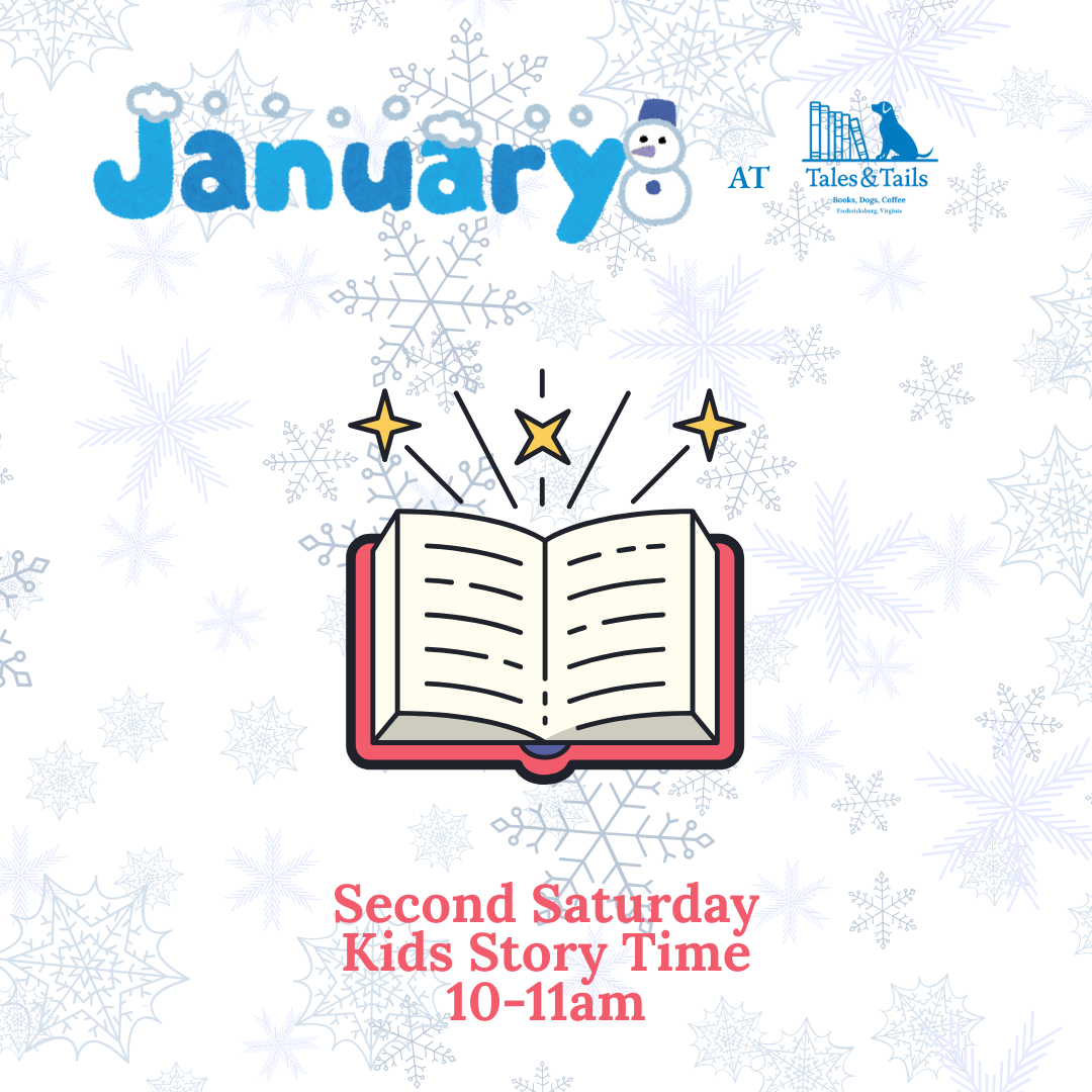 Graphic of a book on a snowy background with event details in red text.