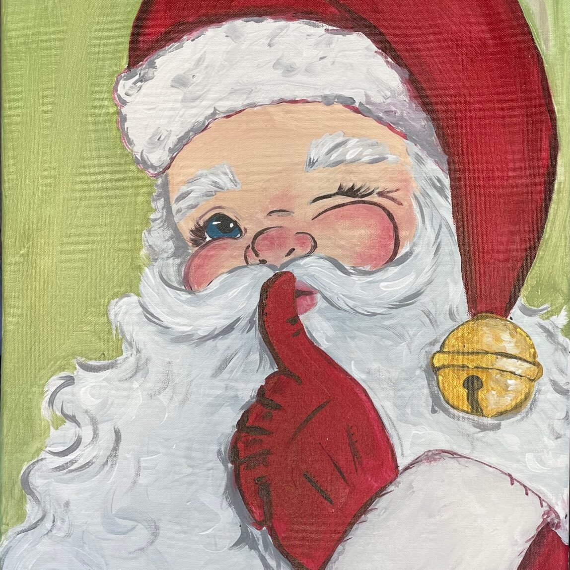 Painting of santa holding a finger to his mouth.