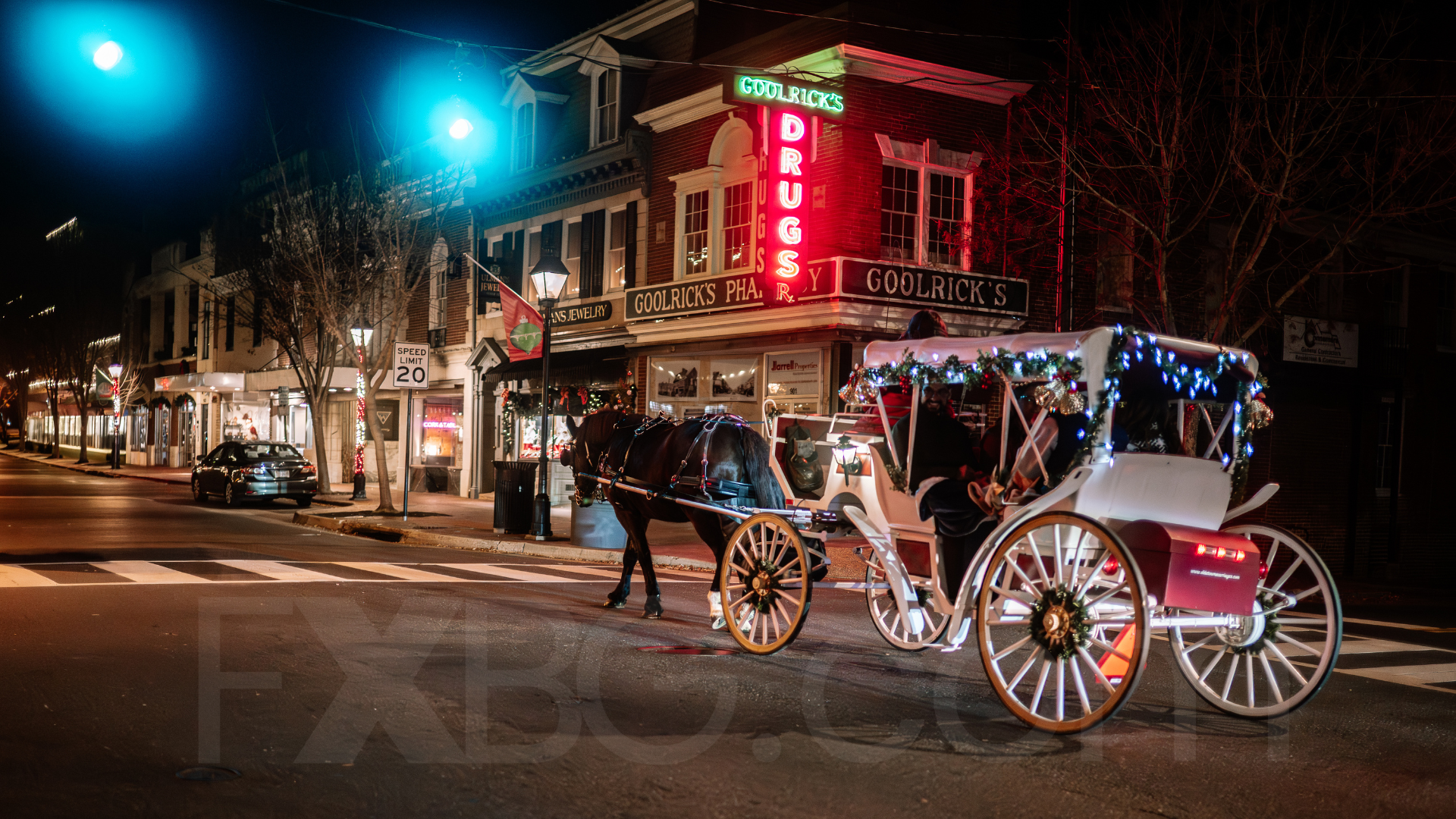 kid fishing visitfxbg Horse Drawn Carriage on Caroline Street at night. Carriage is passing Goolrick's.
