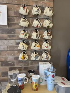 Display of bird tea mugs in Wild Birds Unlimited.