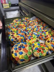 M&M cookies in a tray at Smuggler's cafe.