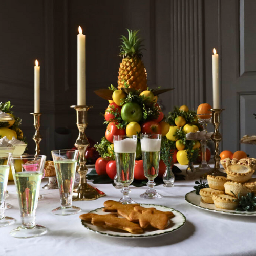 Christmas meal on a table with decorations.
