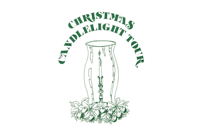 Christmas Candlelight Tour text over a centerpiece of garland around a glass globe with a lit candle