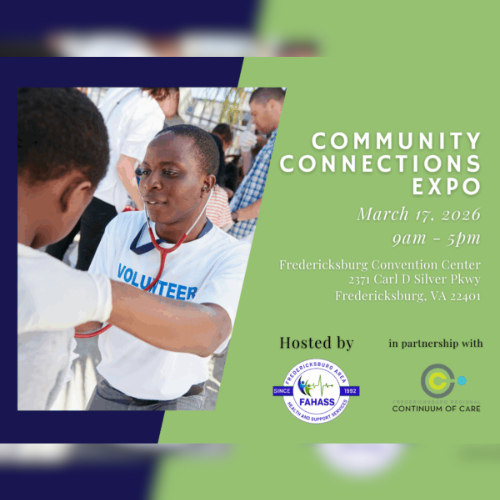 Community Connections expo flyer with a photo of a volunteer checking boy with a stethescope.