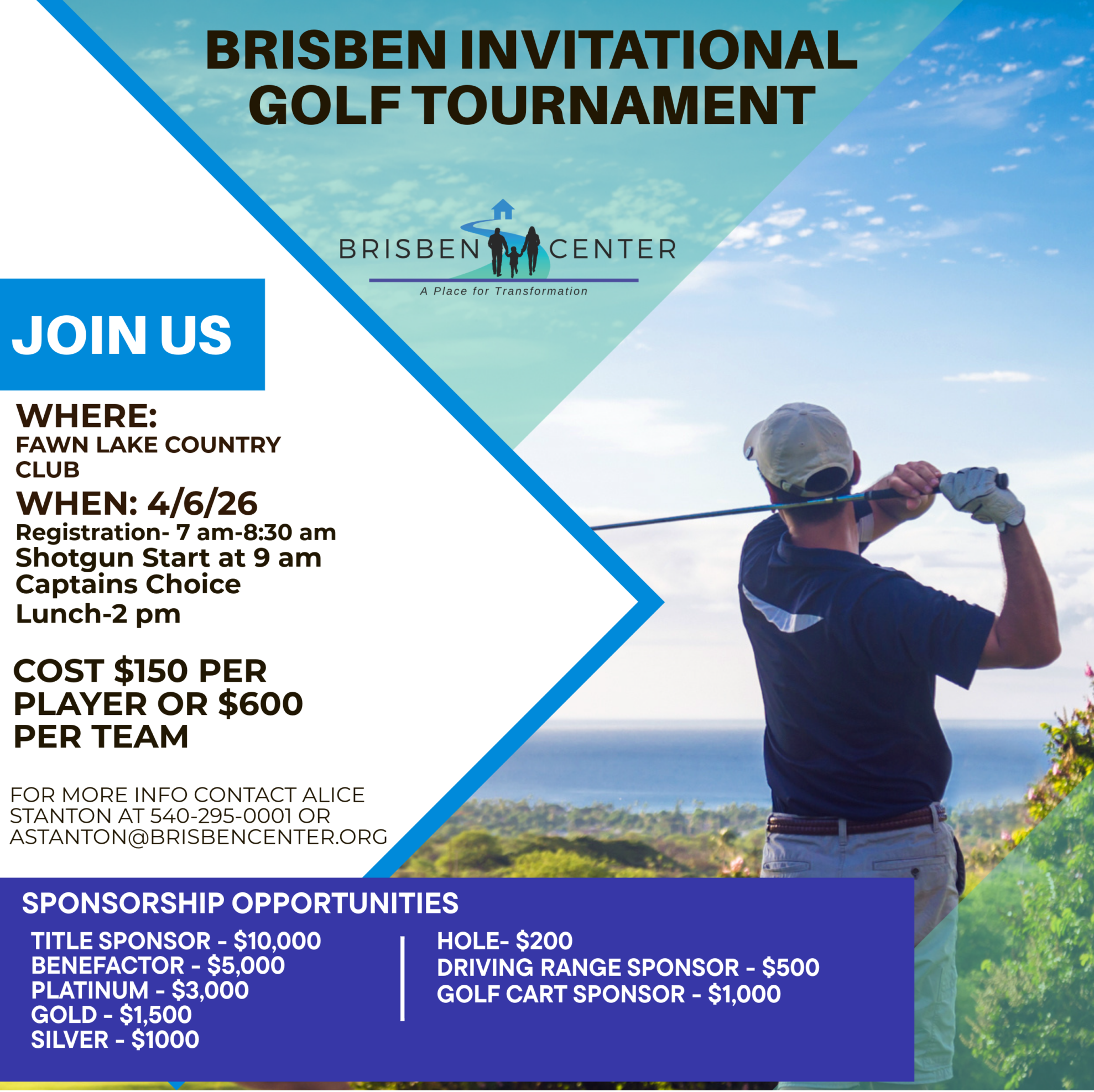 Golf tournament flyer with event information and an image of a man swinging a club.