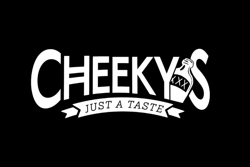 White cheeky's logo on a black background.