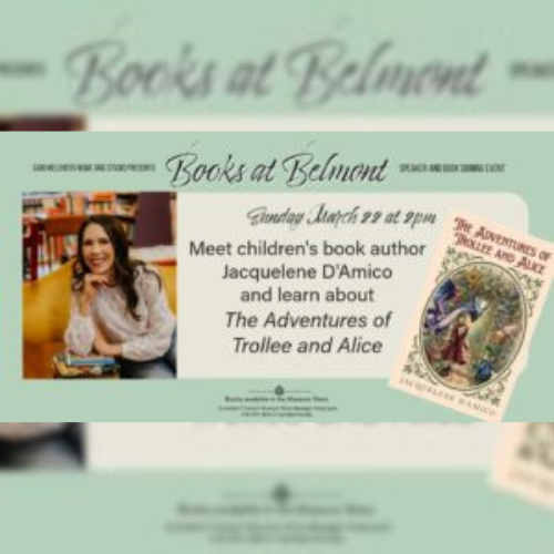 Books at Belmont flyer with event information. Photo of woman with brown hair next to books