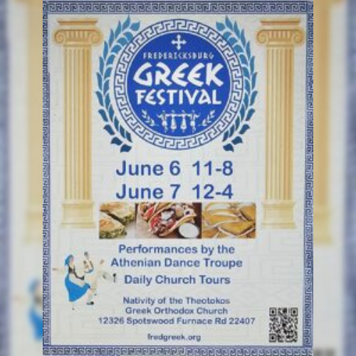 Greek Festival Flyer. Greek Festival logo in blue with photos of Greek foods