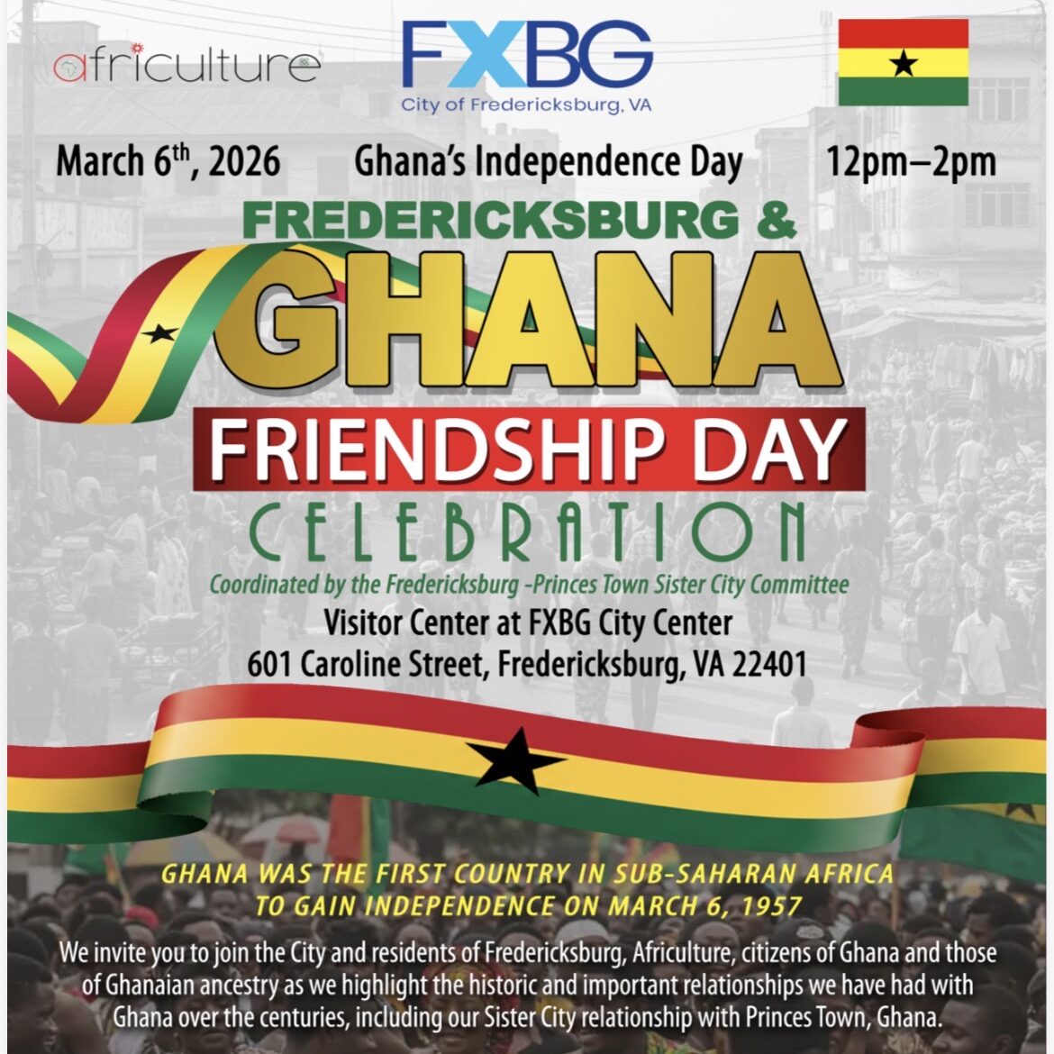 IMG_3790 Ghana friendship day flyer with colors of ghana and photo of people gathered in celebration.