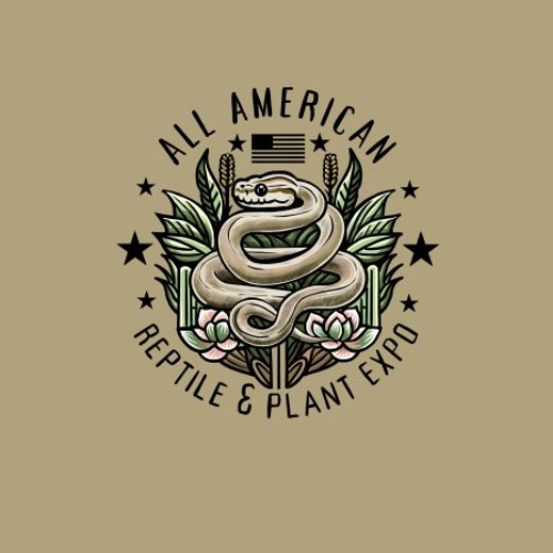 Vintage-style emblem with a coiled reptile, surrounded by laurel branches and stars, an American flag in the background, and the text “ALL AMERICAN” and “REPTILE & PLANT EXPO” around the border.