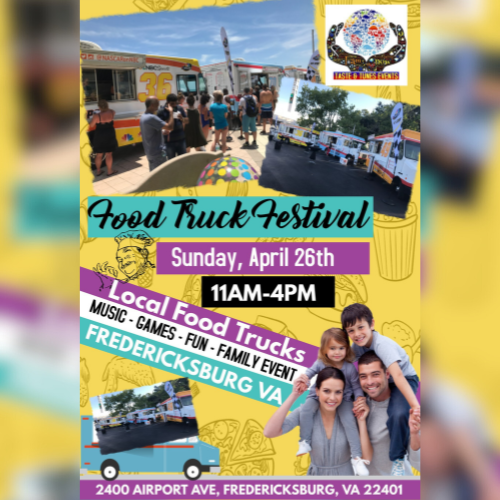 Food Truck festival flyer with photos of people at a food truck, a family, and a line of food trucks.