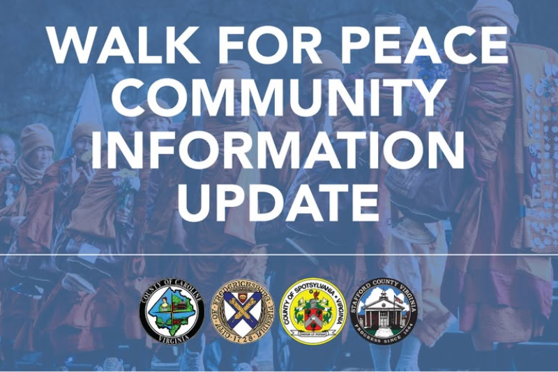 Community information update for the Walk for Peace event, featuring a procession of people in traditional robes and four official seals at the bottom.