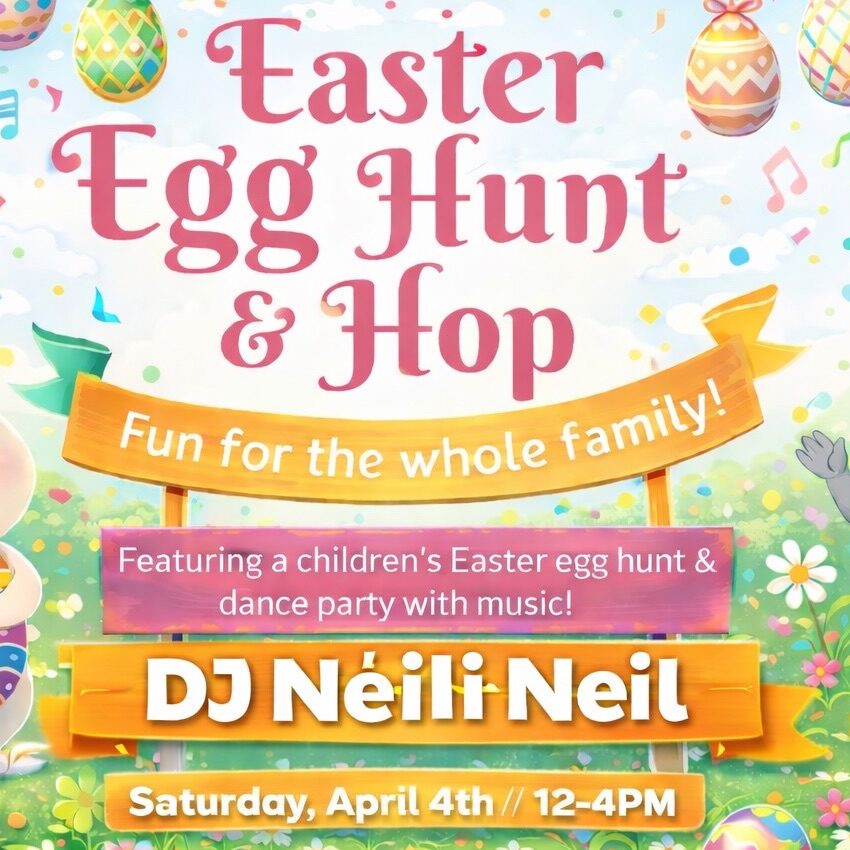 Easter Egg Hunt and Hop flyer with bright colors and easter eggs.
