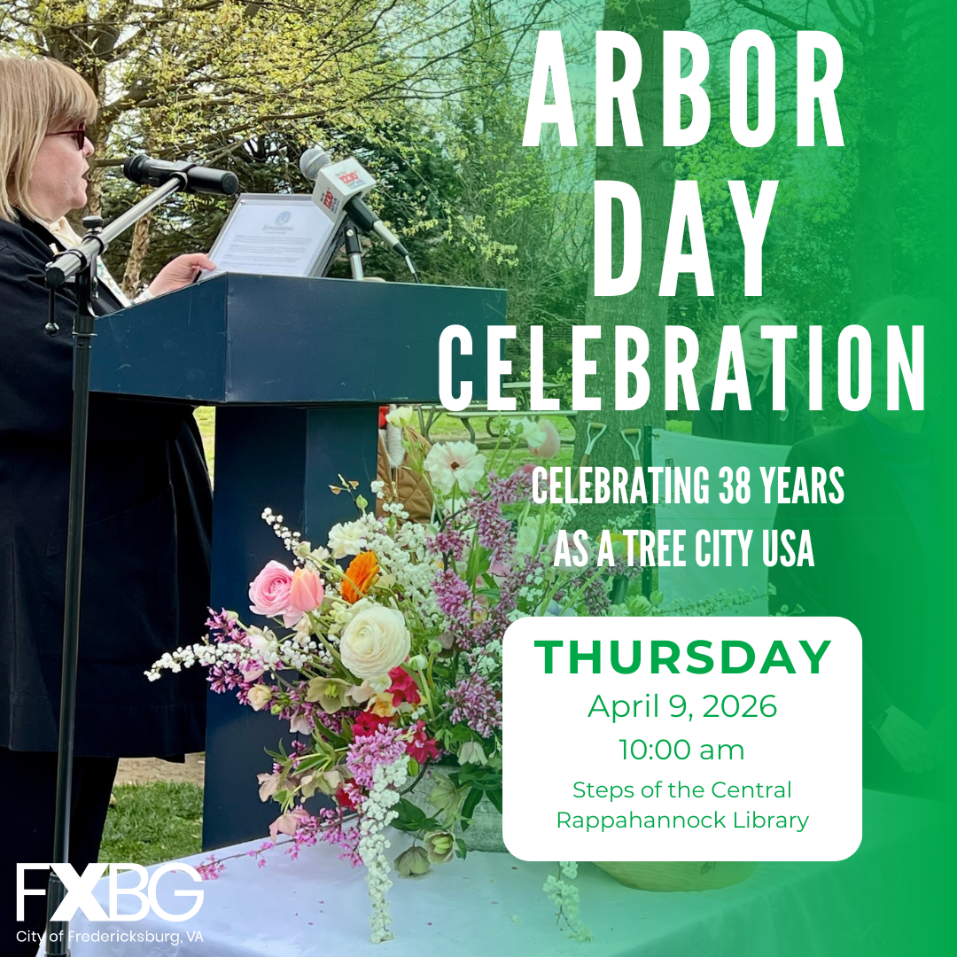 Jannan Holmes speaking at a podium with a bouquet of flowers in front of her. Arbor Day Celebration flyer for April 9, 2026.