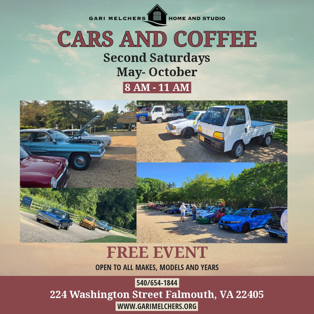 Photos of cars lines up in the gari melcher's parking lot. Cars & Coffee title at the top of the flyer with location information at the bottom.