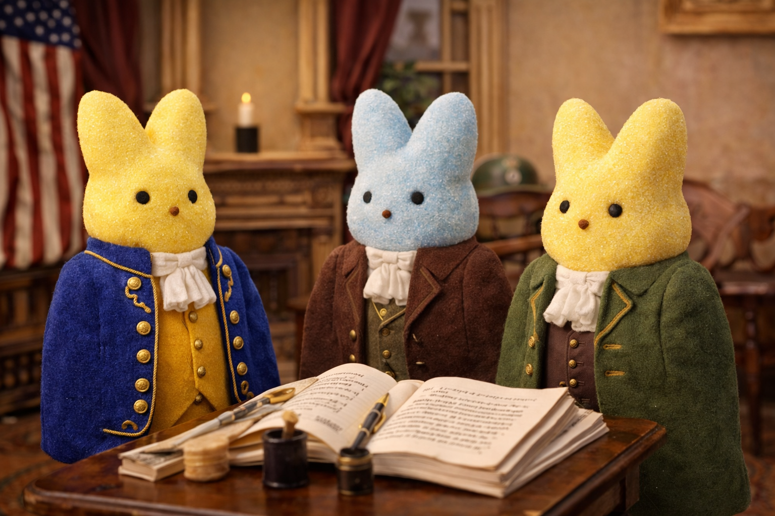 3 peeps bunnies dressed as founding fathers in an office with an american flag behind them.