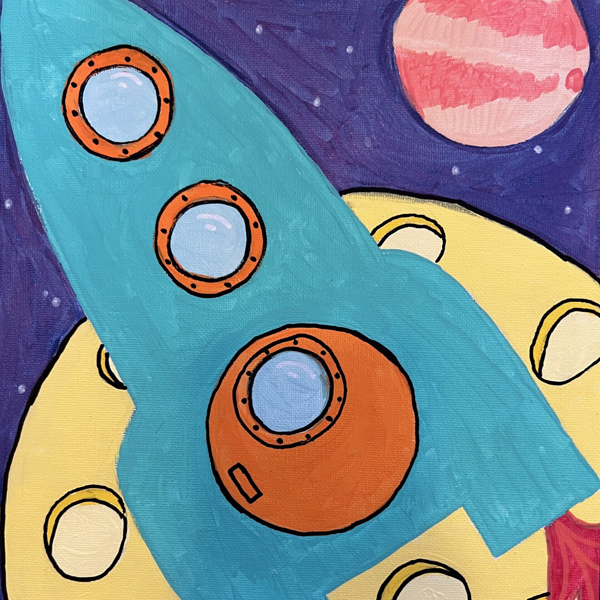 Acrylic art piece of a rocket in space.