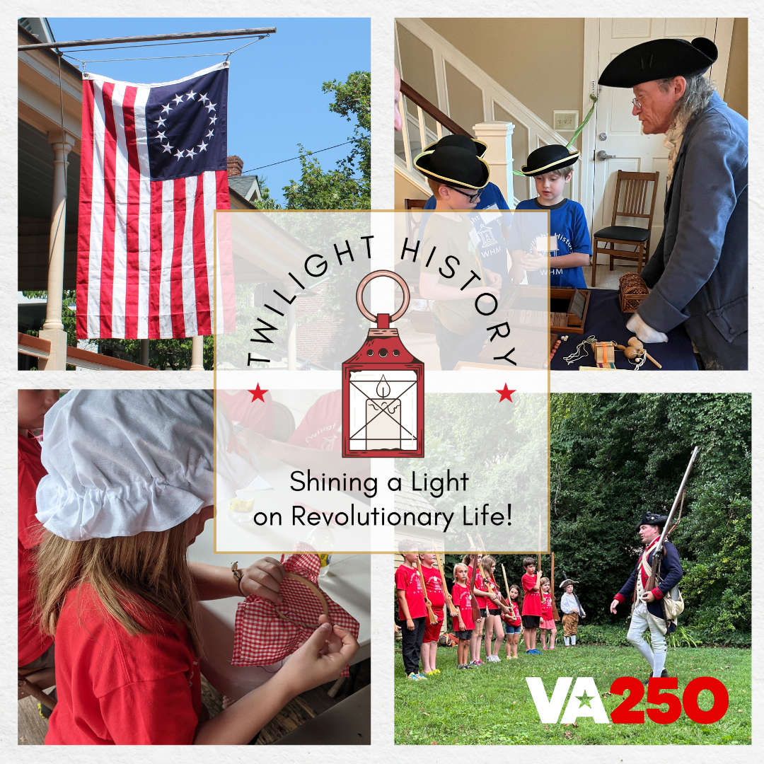 Photos of the colonial USA flag, interpreters inside of the Mary Washington house, and children doing activities during the twilight history camp.