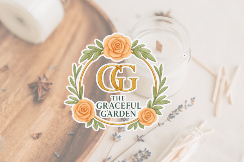 Graceful Garden Collection logo over a photo of a candle and a wooden tray.