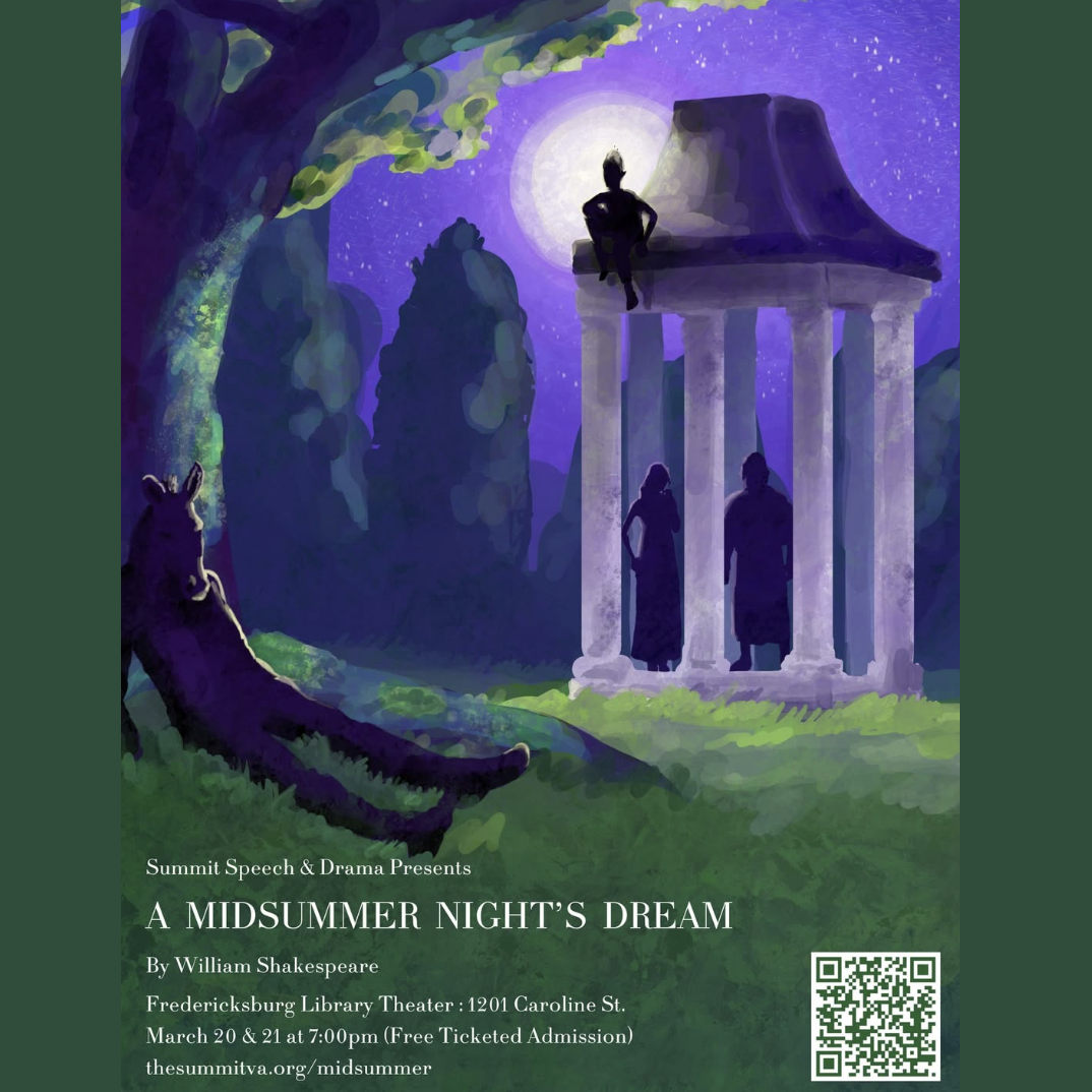 Midsommars Night Dream play poster with an image of a pavillion and tree under moonlight.