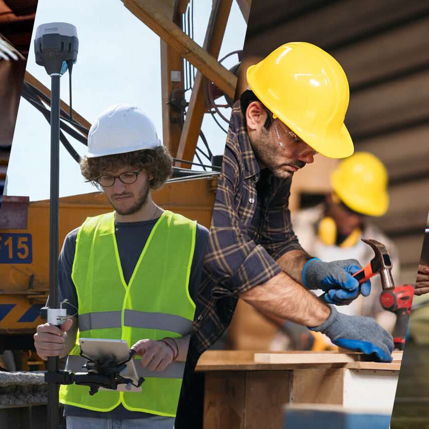 tradesimage hdr Men wearing hard hats doing woodworking and constructuon.