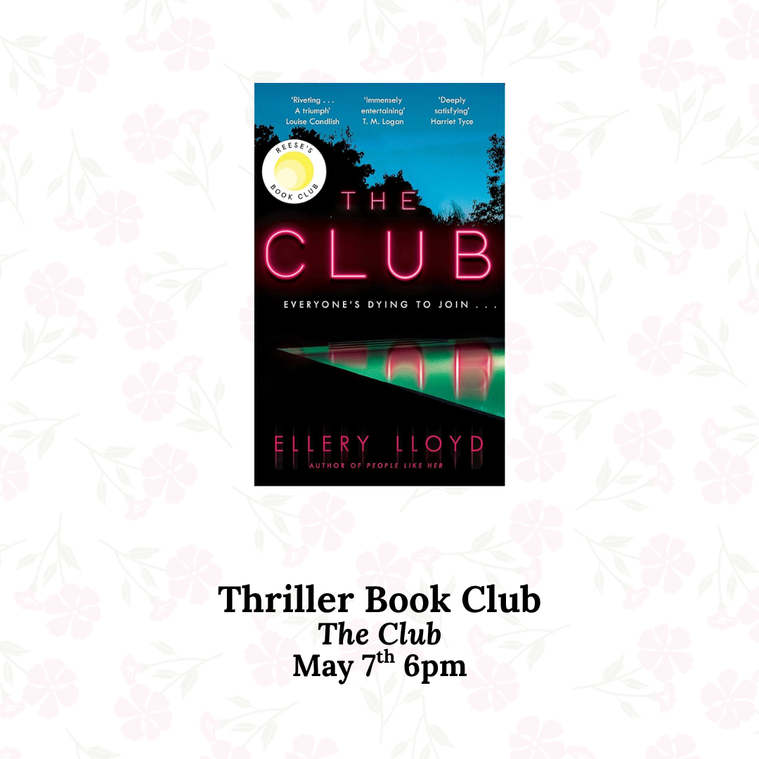 Book cover of "The Club" on a white background with faint cherry blossoms.