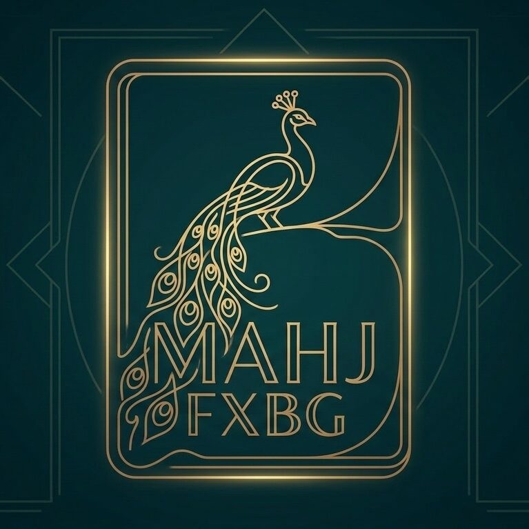 Mahj FXBG logo in blue and gold with a peacock.