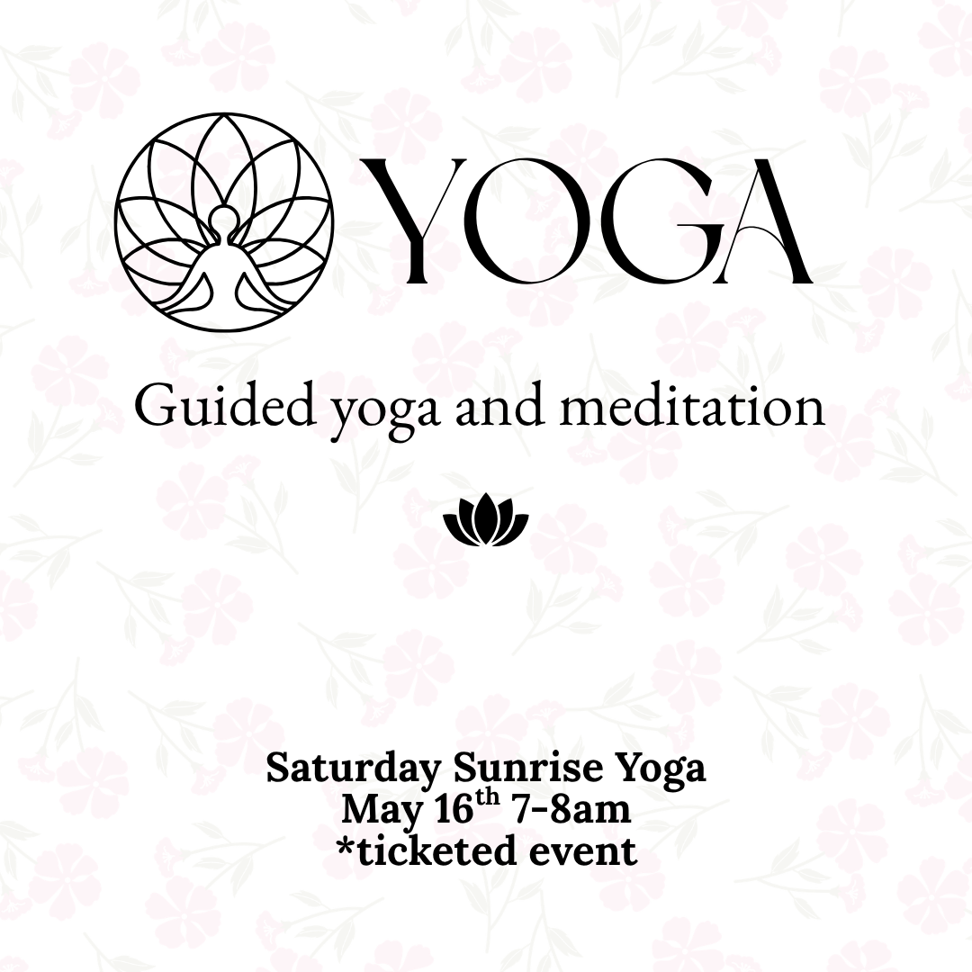 Flyer for a yoga event with a soft floral background. The headline reads “YOGA” with a circular logo of a person meditating inside a lotus design. Subtext says “Guided yoga and meditation,” with a small lotus icon below. Event details at the bottom read: “Saturday Sunrise Yoga, May 16th, 7–8 am,” and note that it is a ticketed event.