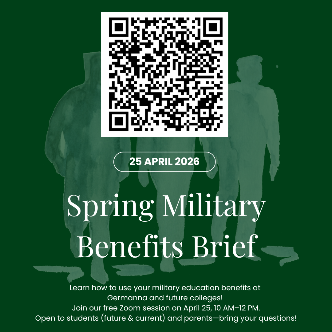 A flyer announcing the Spring Military Benefits Brief on April 25, 2026, from 10 AM to 12 PM via Zoom. It explains how to use military education benefits at Germanna and future colleges and is open to current and future students and their parents.