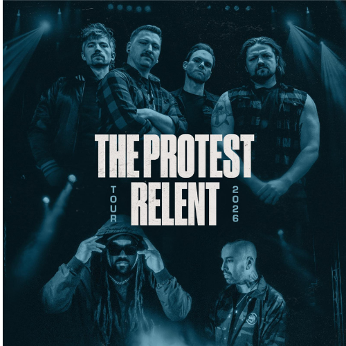 TPR_500x500 The Protest and Relent band photo with a dark blue overlay and the band's name in white text.
