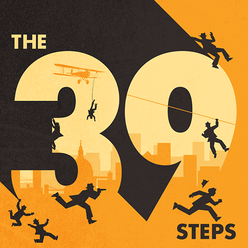 The 39 Steps poster with silhouetted figures in action against a cityscape, featuring a biplane and a tightrope walker.