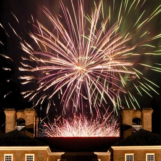 Fireworks in the night sky over Stratford Hall.