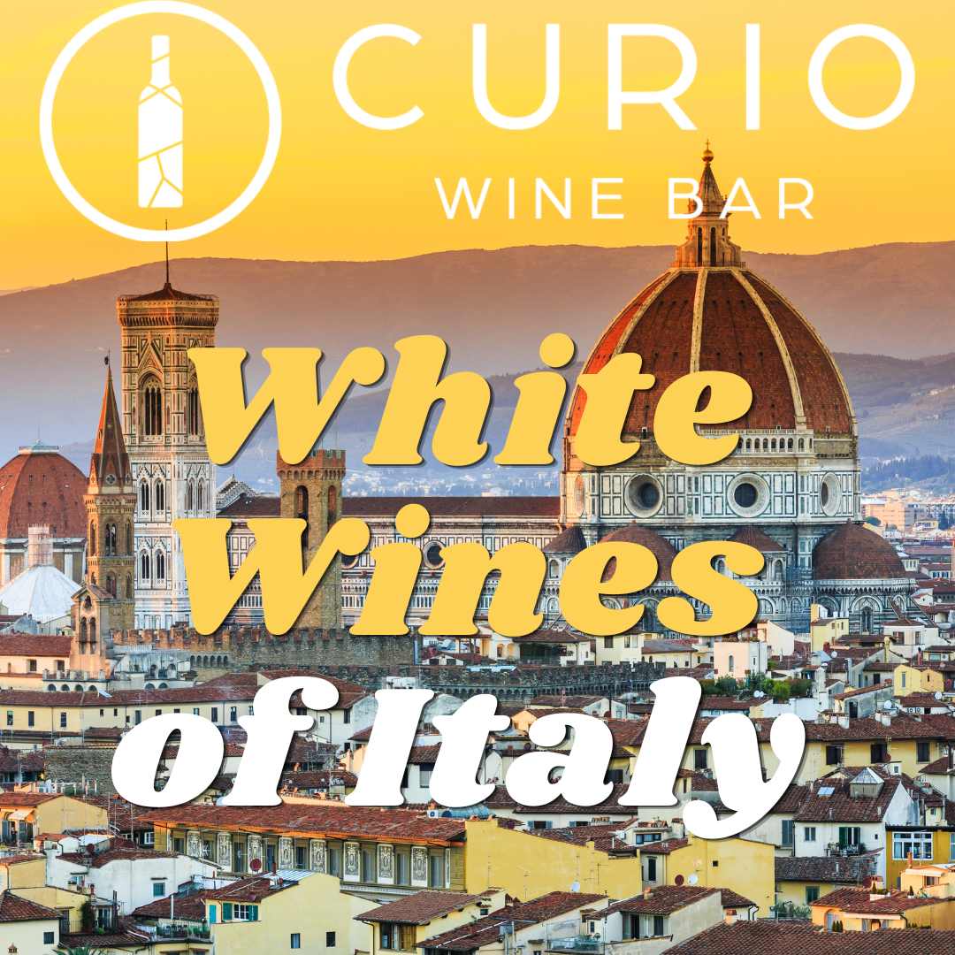 Curio logo and "white wines of Italy" text over an Italian cityscape.
