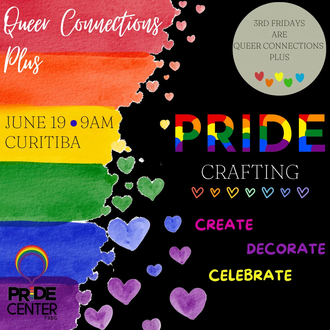 Pride crafting flyer for June 19th at 9am with rainbow decorations.