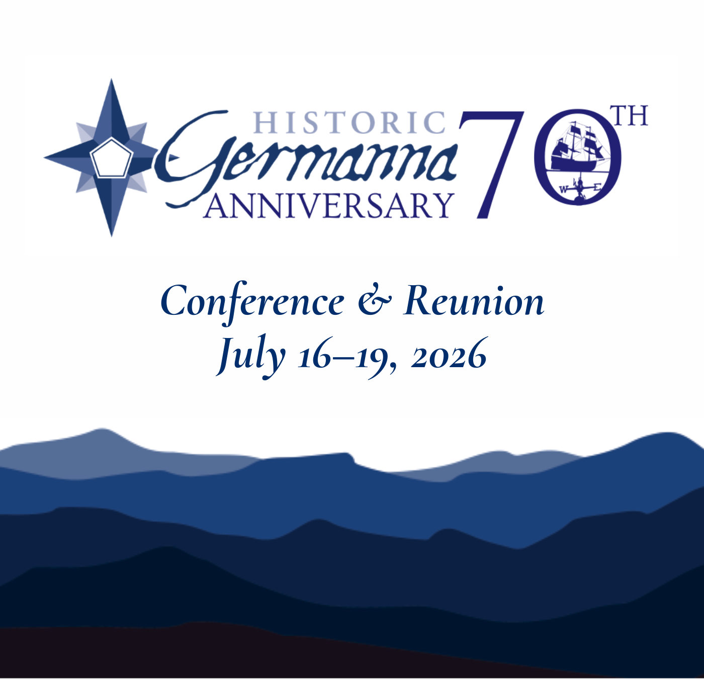 Blue mountain silhouette with the Germanna 70th anniversary logo above.